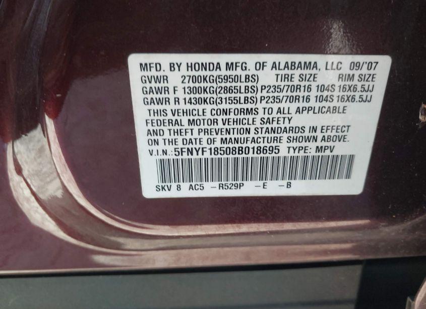 Photo 9 of 2008 Honda Pilot EX-L (VIN 5FNYF18508B018695)