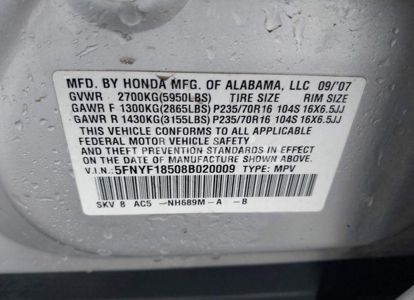 Photo 9 of 2008 Honda Pilot EX-L (VIN 5FNYF18508B020009)