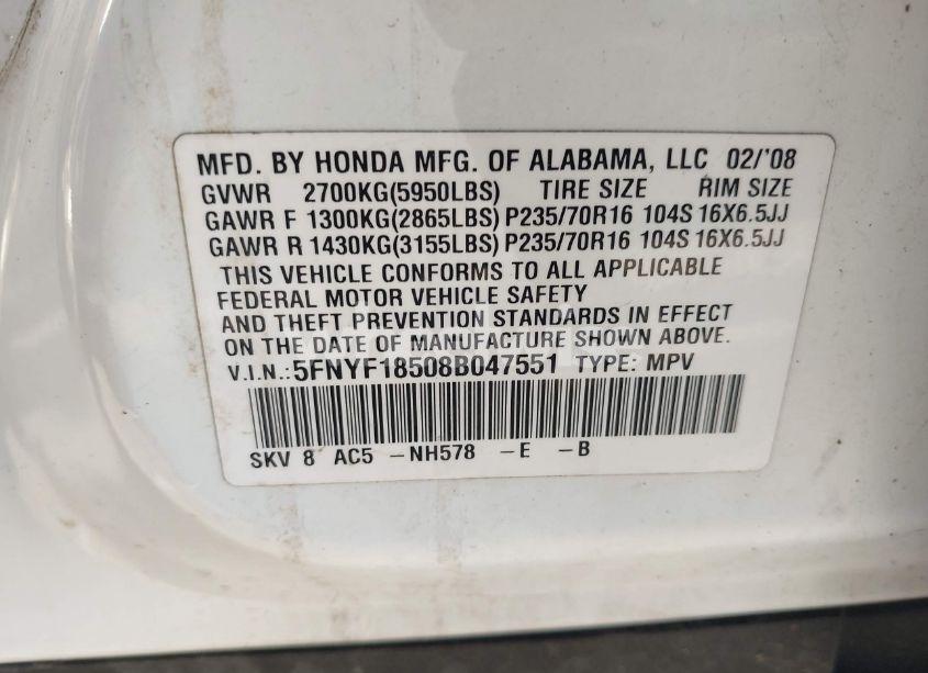 Photo 9 of 2008 Honda Pilot EX-L (VIN 5FNYF18508B047551)