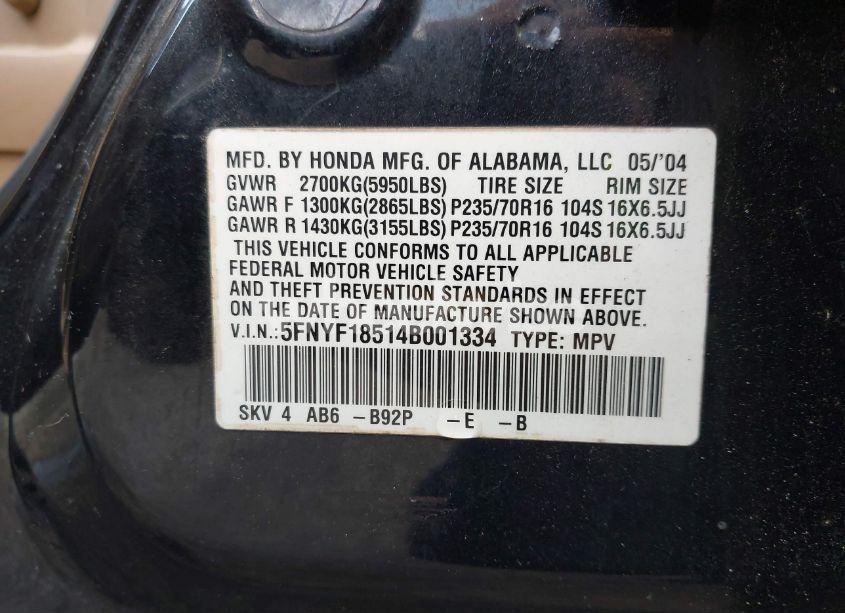 Photo 9 of 2004 Honda Pilot EX-L (VIN 5FNYF18514B001334)