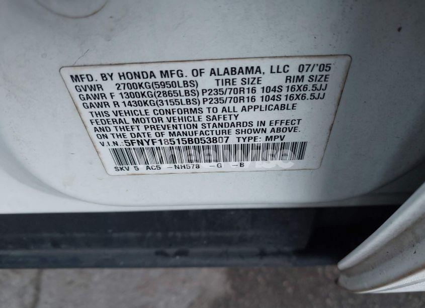 Photo 9 of 2005 Honda Pilot EX-L (VIN 5FNYF18515B053807)