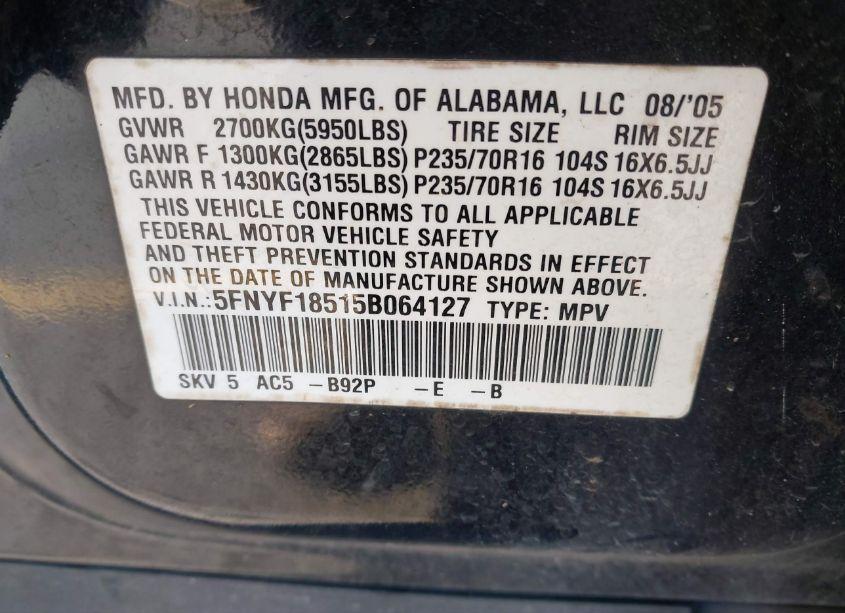 Photo 9 of 2005 Honda Pilot EX-L (VIN 5FNYF18515B064127)