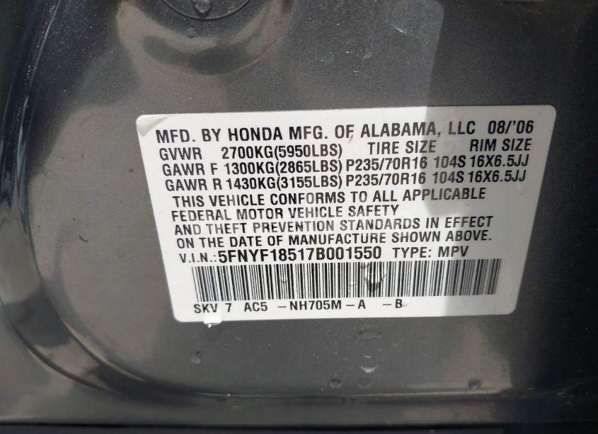 Photo 9 of 2007 Honda Pilot EX-L (VIN 5FNYF18517B001550)