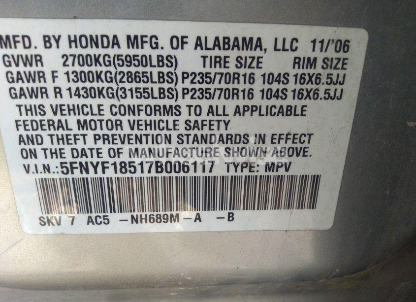 Photo 9 of 2007 Honda Pilot EX-L (VIN 5FNYF18517B006117)