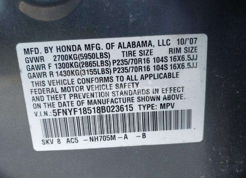 Photo 9 of 2008 Honda Pilot EX-L (VIN 5FNYF18518B023615)