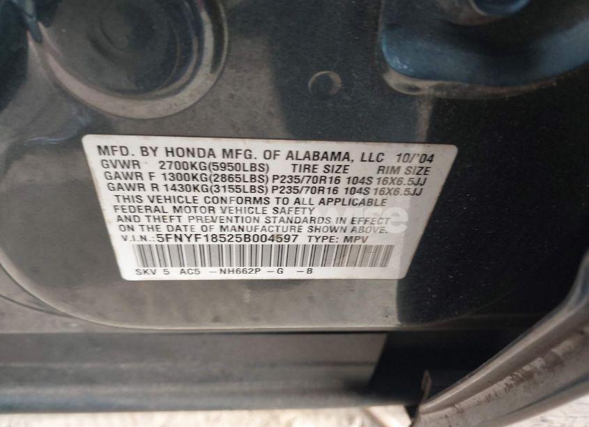 Photo 9 of 2005 Honda Pilot EX-L (VIN 5FNYF18525B004597)