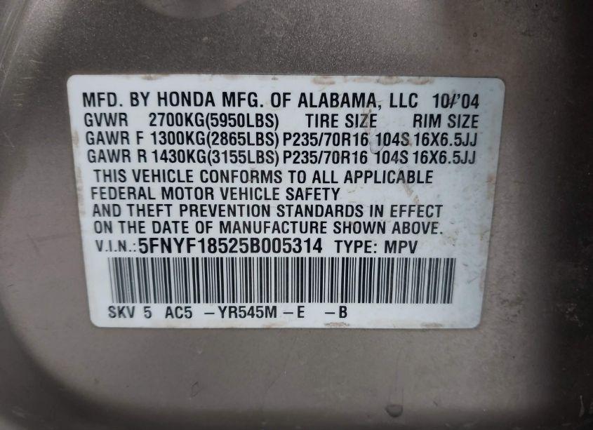 Photo 9 of 2005 Honda Pilot EX-L (VIN 5FNYF18525B005314)