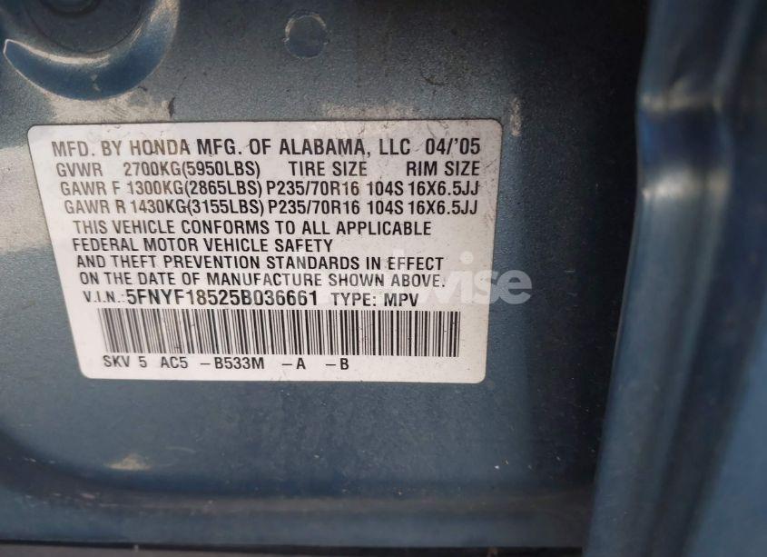 Photo 9 of 2005 Honda Pilot EX-L (VIN 5FNYF18525B036661)