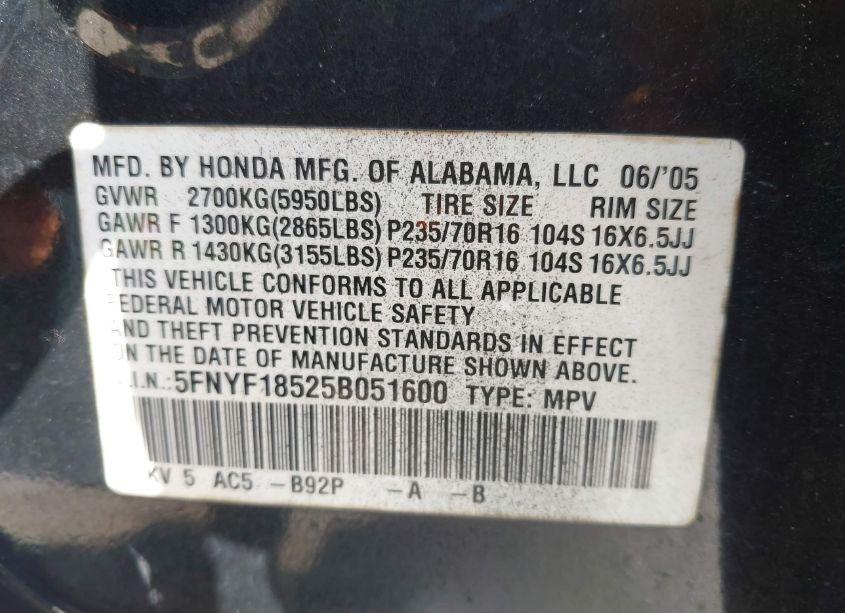 Photo 9 of 2005 Honda Pilot EX-L (VIN 5FNYF18525B051600)