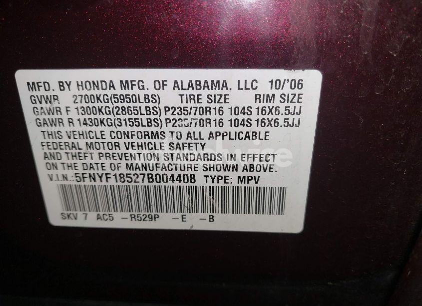 Photo 9 of 2007 Honda Pilot EX-L (VIN 5FNYF18527B004408)