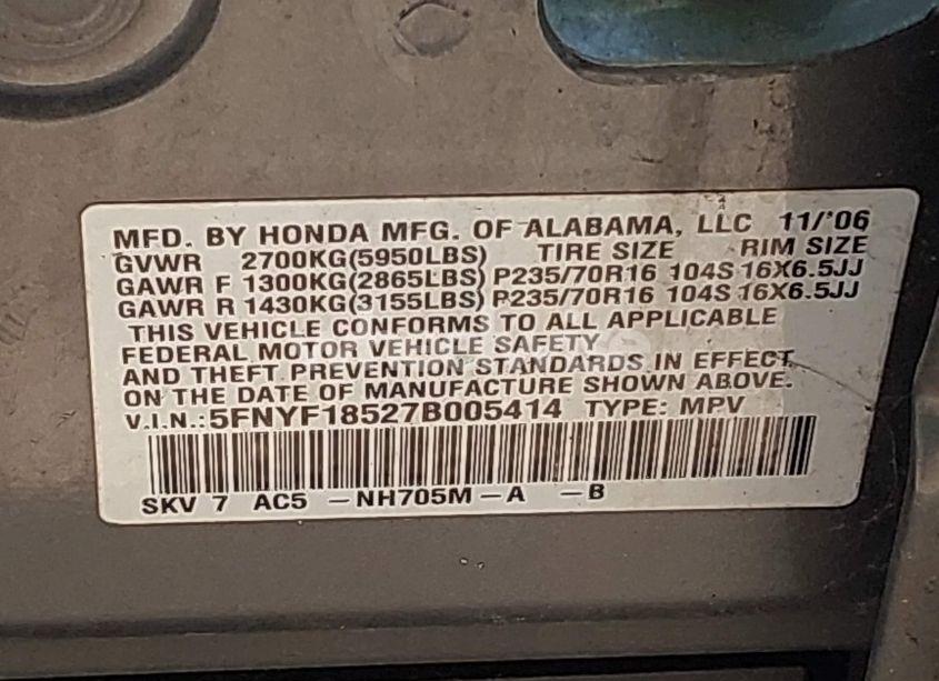 Photo 9 of 2007 Honda Pilot EX-L (VIN 5FNYF18527B005414)
