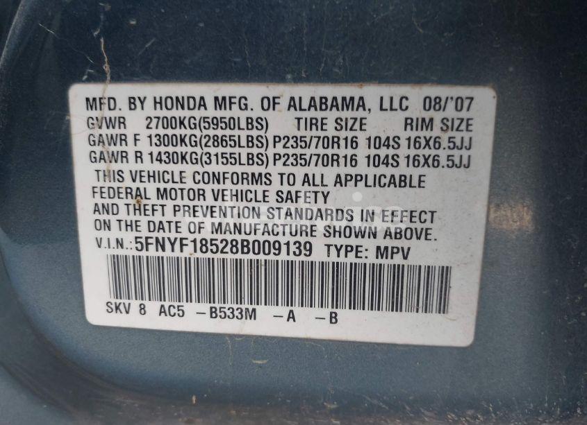 Photo 9 of 2008 Honda Pilot EX-L (VIN 5FNYF18528B009139)