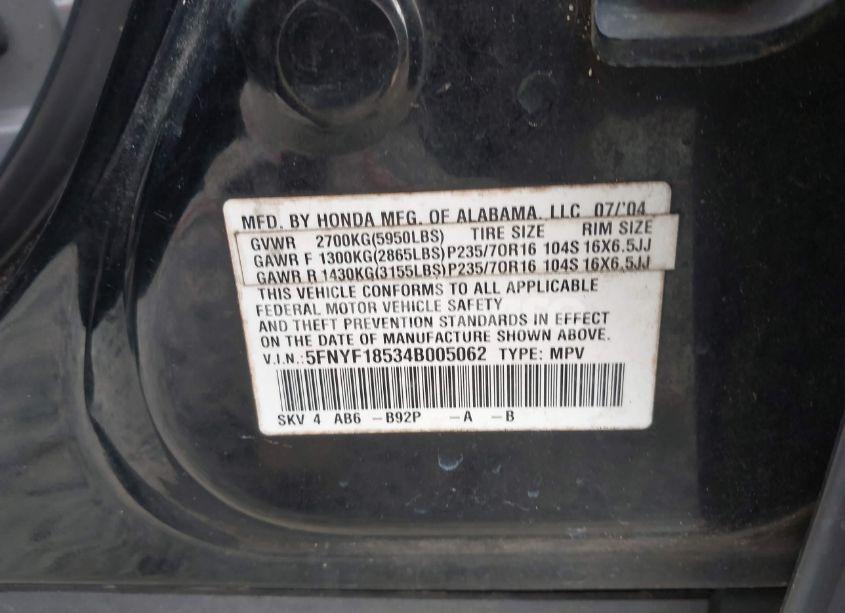 Photo 9 of 2004 Honda Pilot EX-L (VIN 5FNYF18534B005062)