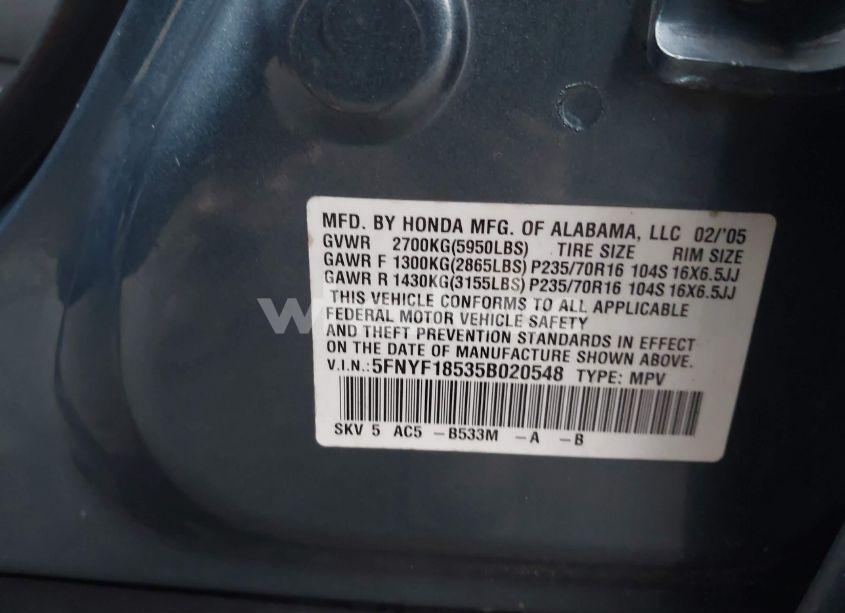 Photo 9 of 2005 Honda Pilot EX-L (VIN 5FNYF18535B020548)