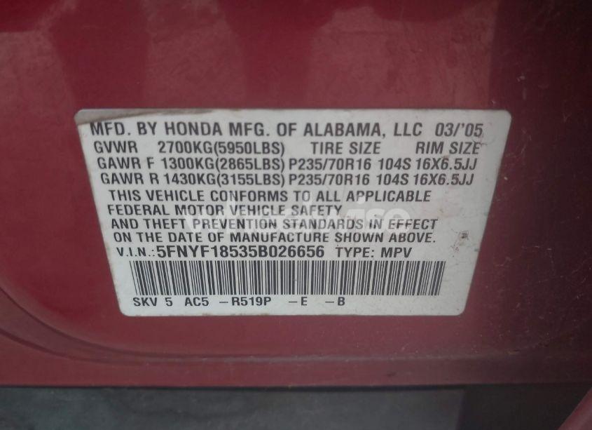 Photo 9 of 2005 Honda Pilot EX-L (VIN 5FNYF18535B026656)