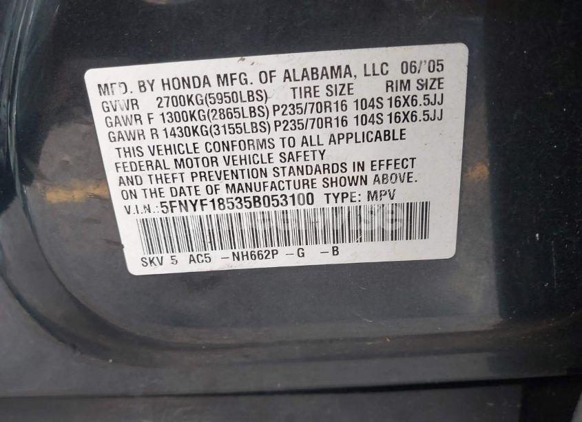 Photo 9 of 2005 Honda Pilot EX-L (VIN 5FNYF18535B053100)