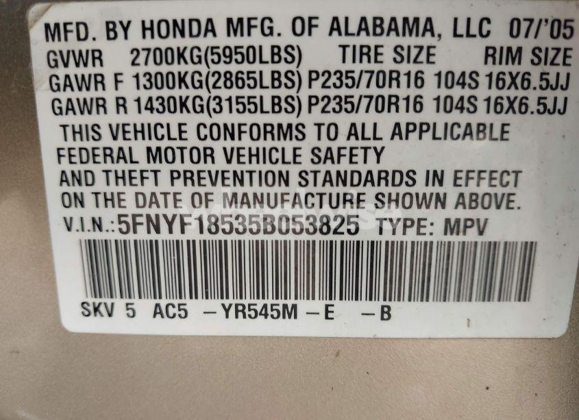 Photo 9 of 2005 Honda Pilot EX-L (VIN 5FNYF18535B053825)
