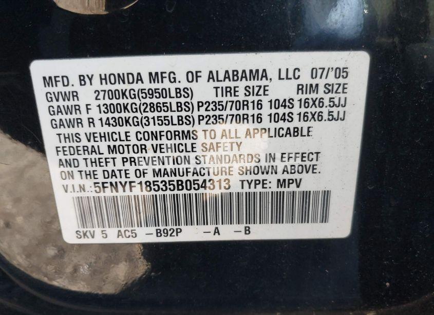 Photo 9 of 2005 Honda Pilot EX-L (VIN 5FNYF18535B054313)