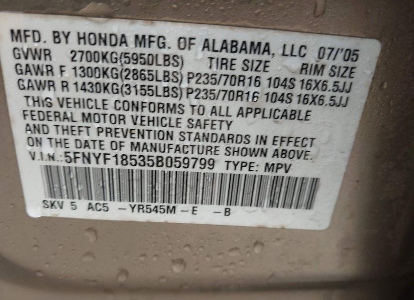 Photo 9 of 2005 Honda Pilot EX-L (VIN 5FNYF18535B059799)