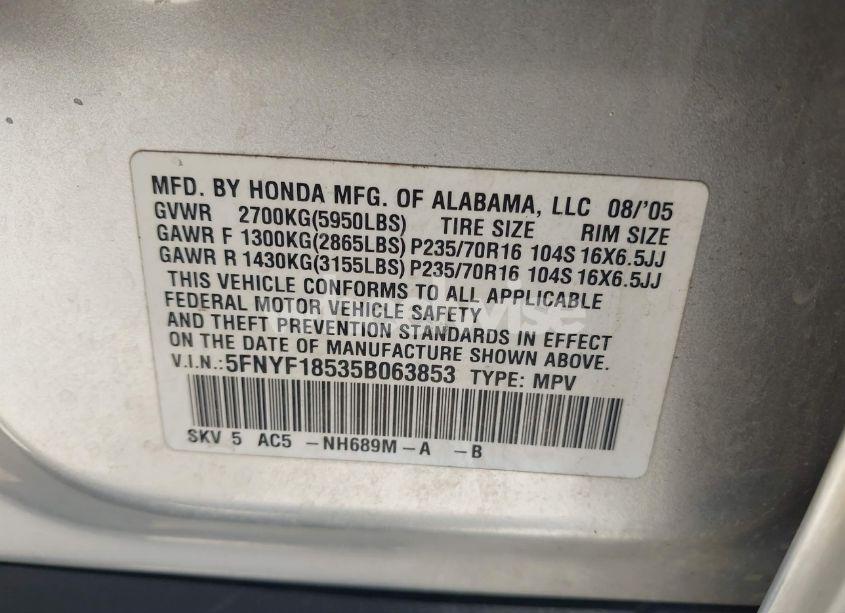 Photo 9 of 2005 Honda Pilot EX-L (VIN 5FNYF18535B063853)