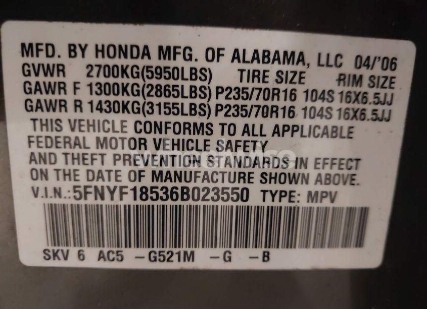 Photo 9 of 2006 Honda Pilot EX-L (VIN 5FNYF18536B023550)