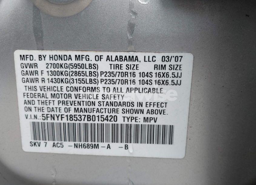 Photo 9 of 2007 Honda Pilot EX-L (VIN 5FNYF18537B015420)