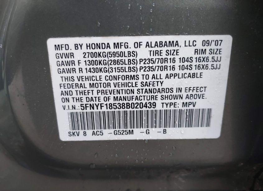 Photo 9 of 2008 Honda Pilot EX-L (VIN 5FNYF18538B020439)