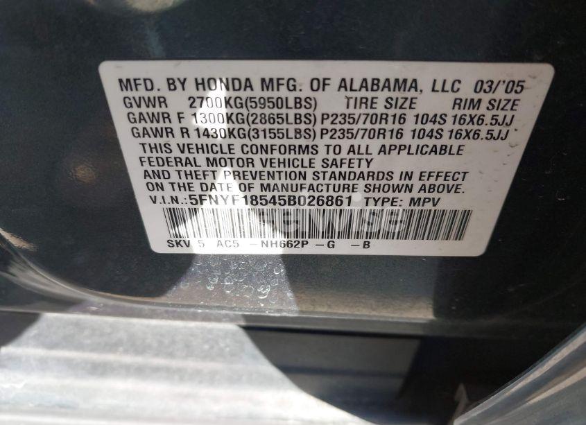 Photo 9 of 2005 Honda Pilot EX-L (VIN 5FNYF18545B026861)