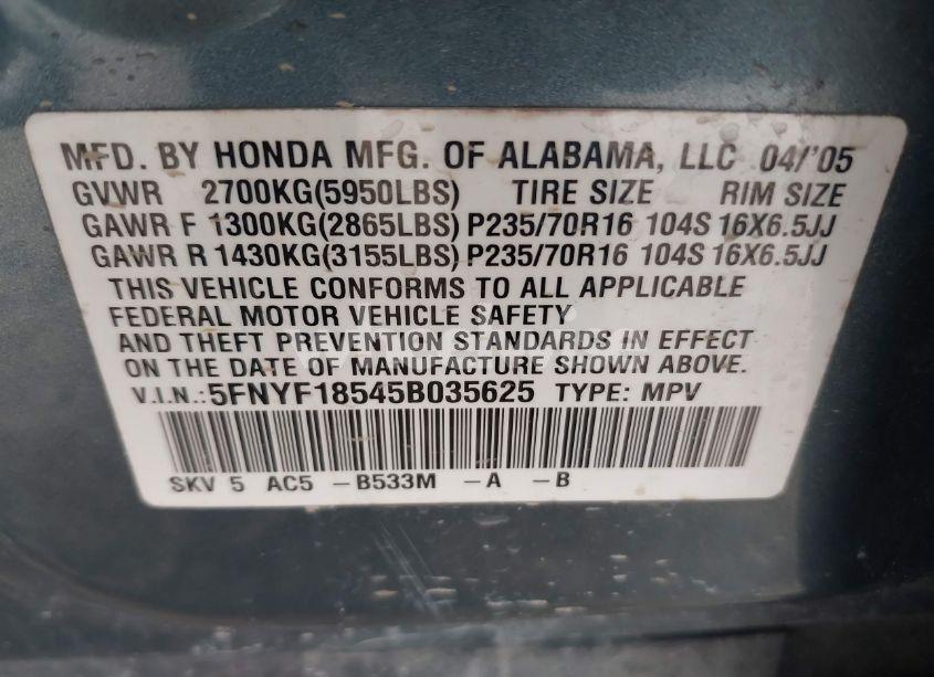 Photo 9 of 2005 Honda Pilot EX-L (VIN 5FNYF18545B035625)