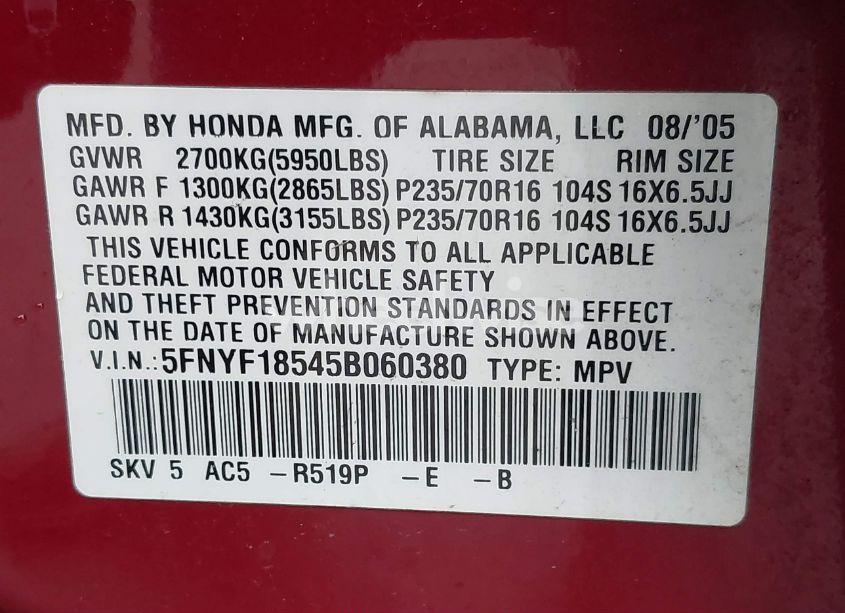 Photo 9 of 2005 Honda Pilot EX-L (VIN 5FNYF18545B060380)