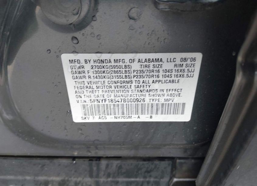 Photo 9 of 2007 Honda Pilot EX-L (VIN 5FNYF18547B000926)