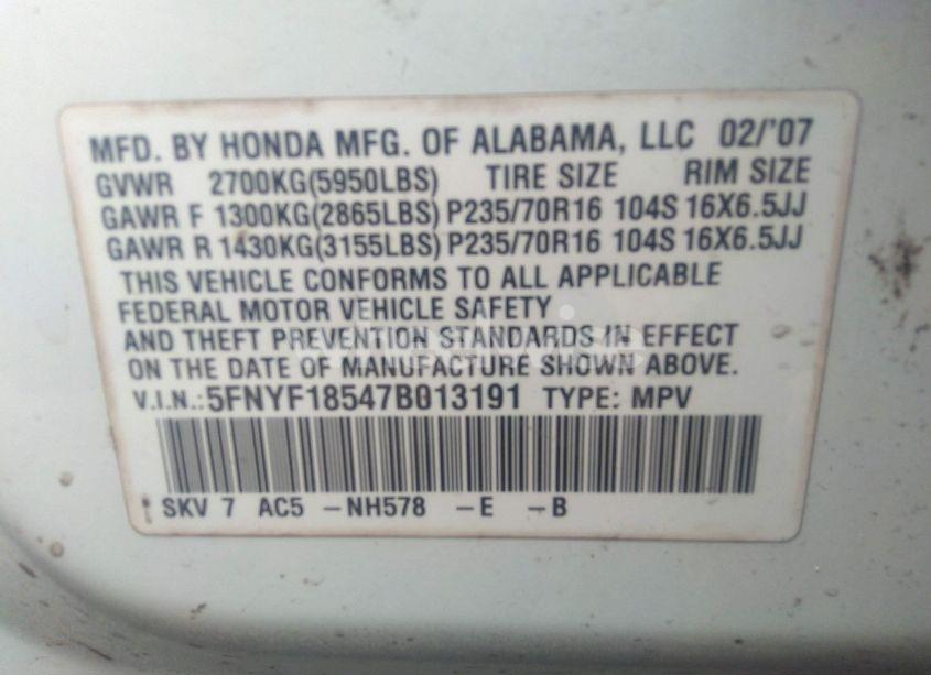 Photo 9 of 2007 Honda Pilot EX-L (VIN 5FNYF18547B013191)