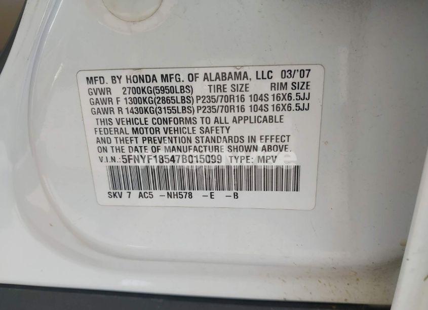 Photo 9 of 2007 Honda Pilot EXL (VIN 5FNYF18547B015099)
