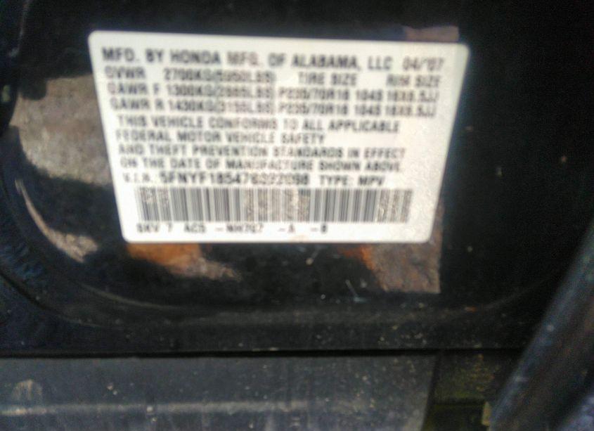 Photo 9 of 2007 Honda Pilot EX-L (VIN 5FNYF18547B022098)