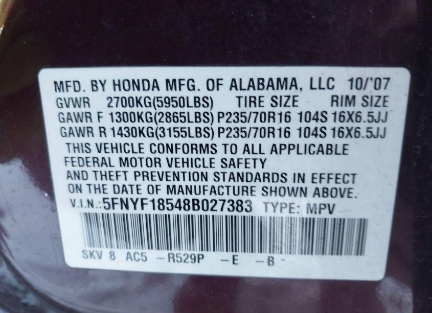 Photo 9 of 2008 Honda Pilot EX-L (VIN 5FNYF18548B027383)