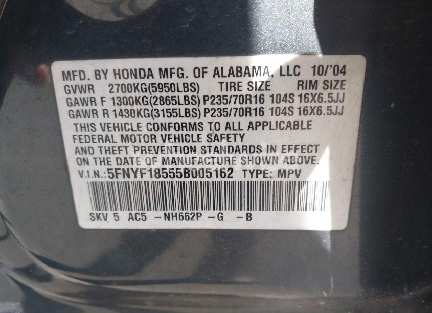Photo 9 of 2005 Honda Pilot EX-L (VIN 5FNYF18555B005162)