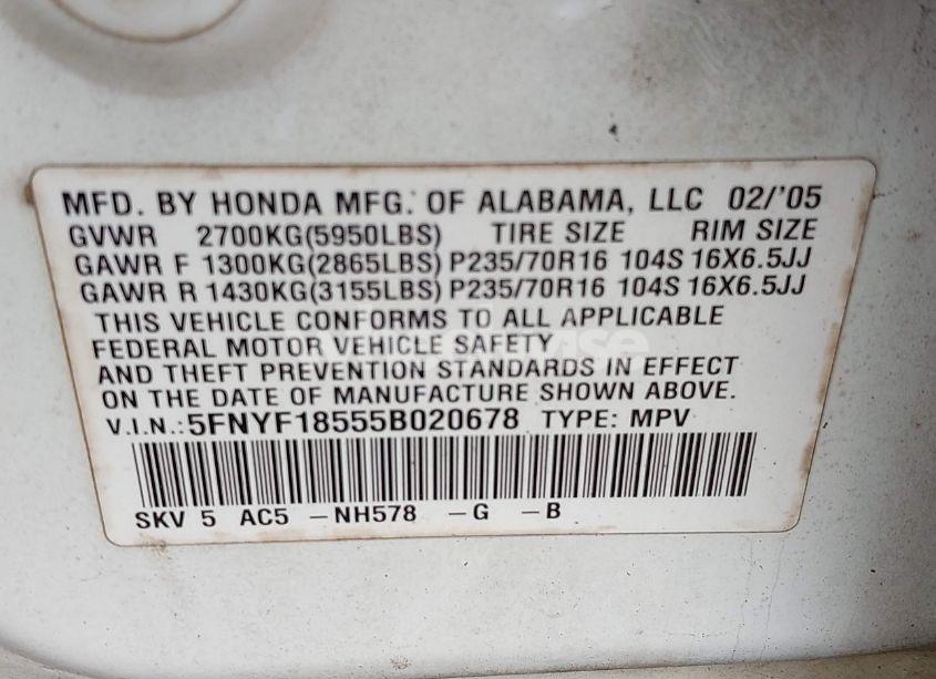 Photo 9 of 2005 Honda Pilot EX-L (VIN 5FNYF18555B020678)