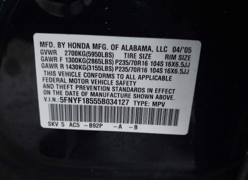 Photo 9 of 2005 Honda Pilot EXL (VIN 5FNYF18555B034127)