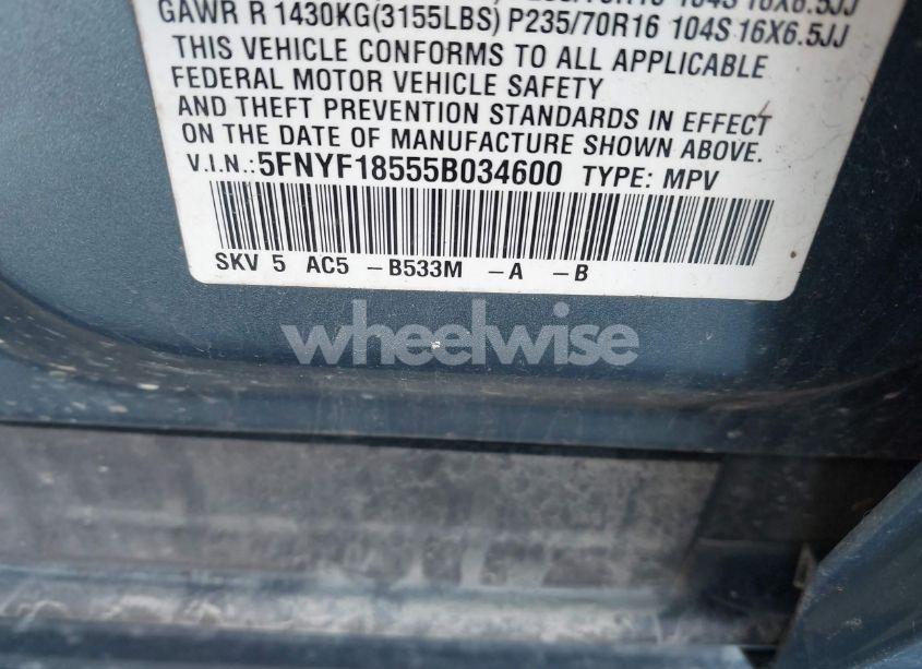Photo 9 of 2005 Honda Pilot EX-L (VIN 5FNYF18555B034600)