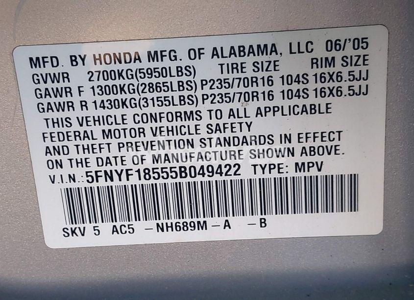 Photo 9 of 2005 Honda Pilot EX-L (VIN 5FNYF18555B049422)