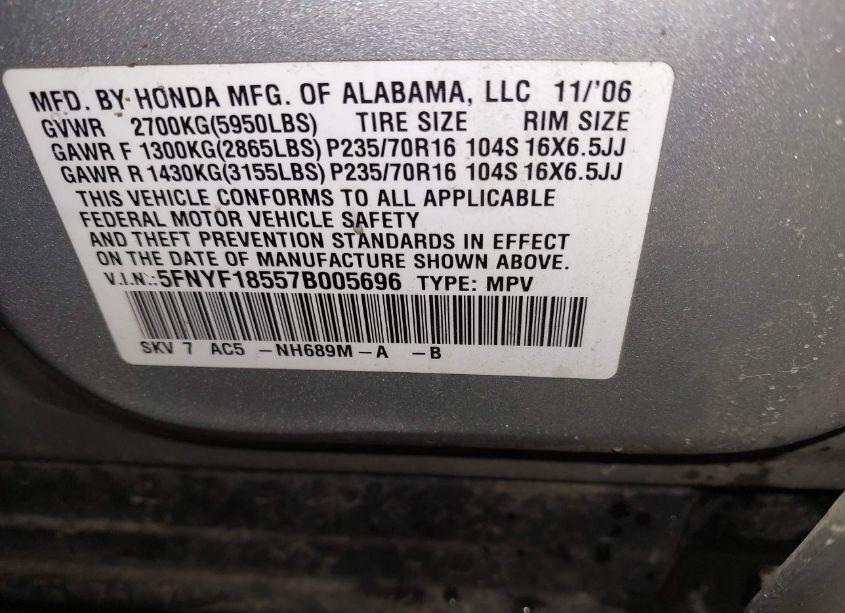 Photo 9 of 2007 Honda Pilot EX-L (VIN 5FNYF18557B005696)