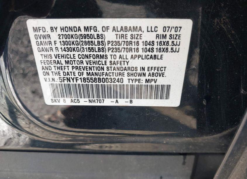 Photo 9 of 2008 Honda Pilot EX-L (VIN 5FNYF18558B003240)