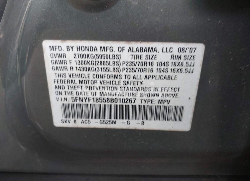 Photo 9 of 2008 Honda Pilot EX-L (VIN 5FNYF18558B010267)