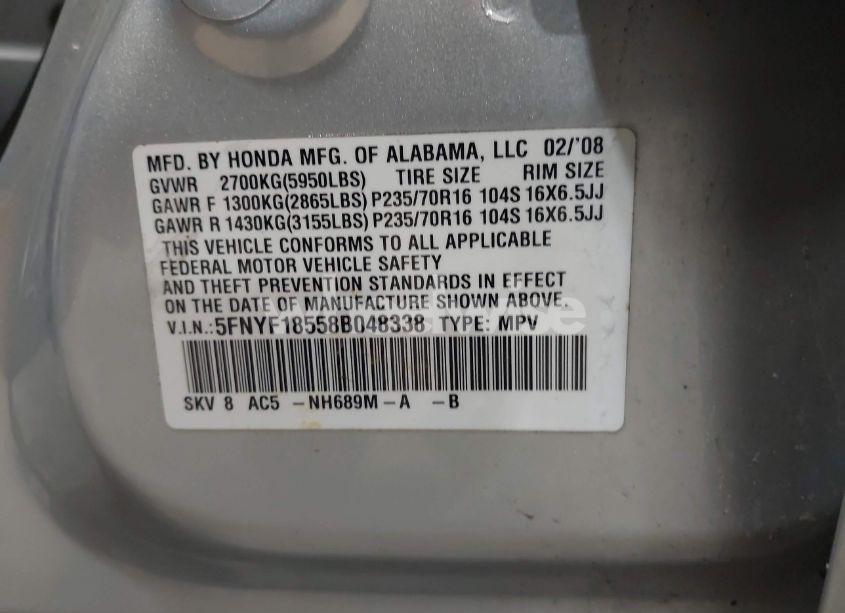 Photo 9 of 2008 Honda Pilot EX-L (VIN 5FNYF18558B048338)