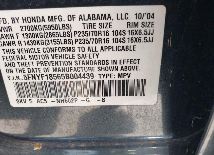 Photo 9 of 2005 Honda Pilot EX-L (VIN 5FNYF18565B004439)