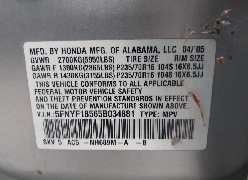 Photo 9 of 2005 Honda Pilot EX-L (VIN 5FNYF18565B034881)