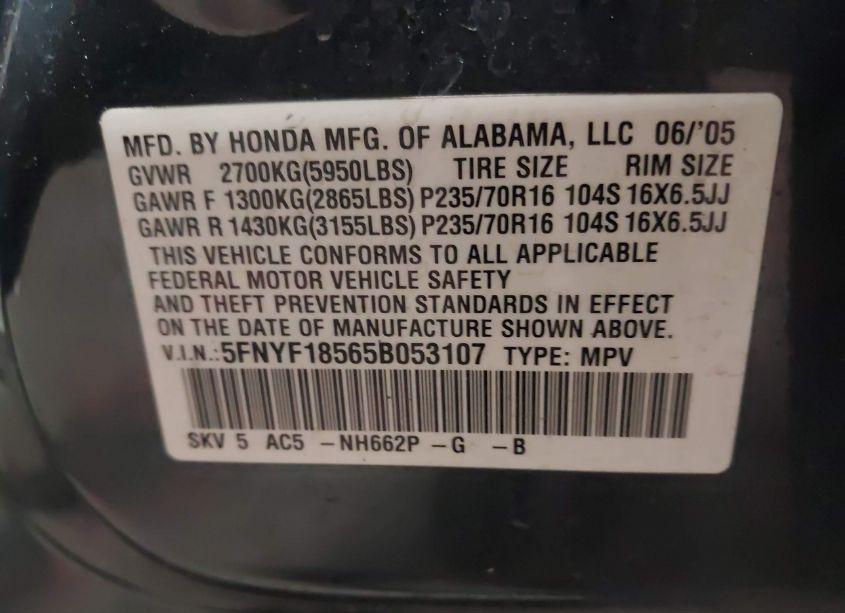 Photo 9 of 2005 Honda Pilot EX-L (VIN 5FNYF18565B053107)
