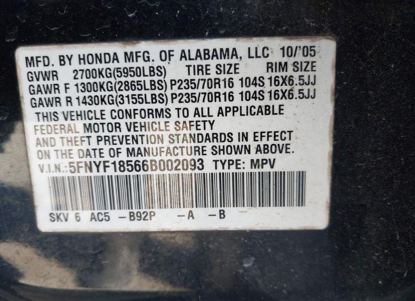 Photo 9 of 2006 Honda Pilot EX-L (VIN 5FNYF18566B002093)