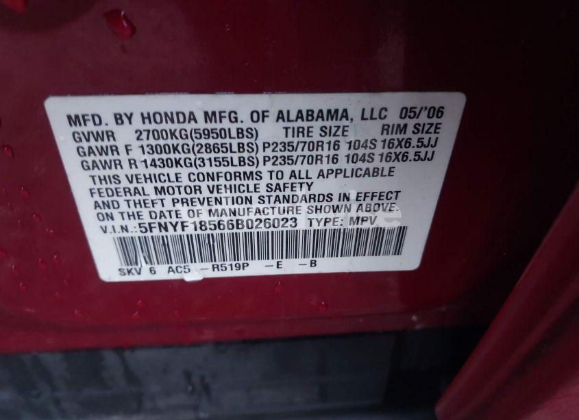 Photo 9 of 2006 Honda Pilot EX-L (VIN 5FNYF18566B026023)