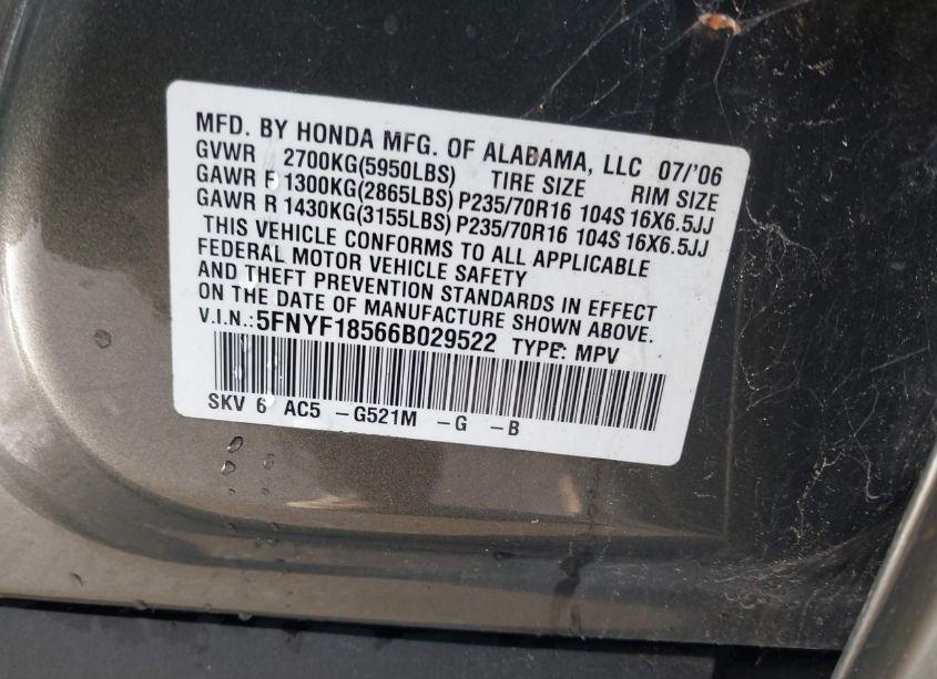 Photo 9 of 2006 Honda Pilot EX-L (VIN 5FNYF18566B029522)